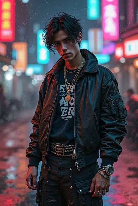  A rugged, mysterious man with short, slightly messy dark hair and piercing eyes, dressed in modern Gen Z streetwear. He wears an oversized, vintage-style graphic tee with cryptic symbols, layered under a cropped bomber jacket with a worn leather texture. ...