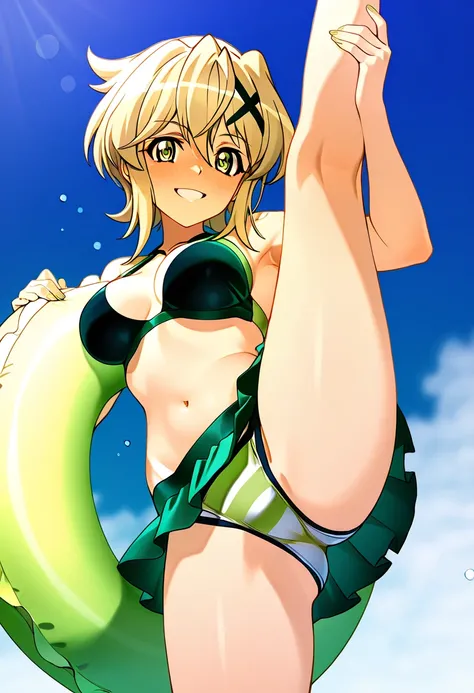 Akatsuki Kirika - Senki Zesshou Symphogearblonde hair, 1girl, solo, green eyes, short hair, x_hair_ornament、smile, smile,,smile,, (1girl bikini ocean watersplash bubble Swim ring）best quality ( best quality )、(Nonsense)、( very detailed)、( very beautiful wa...