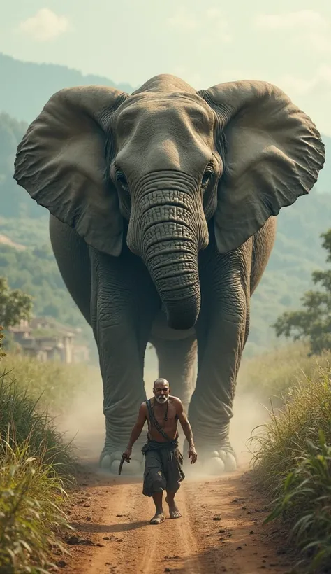 The elephant moves towards the farmer, making him tremble with fear.