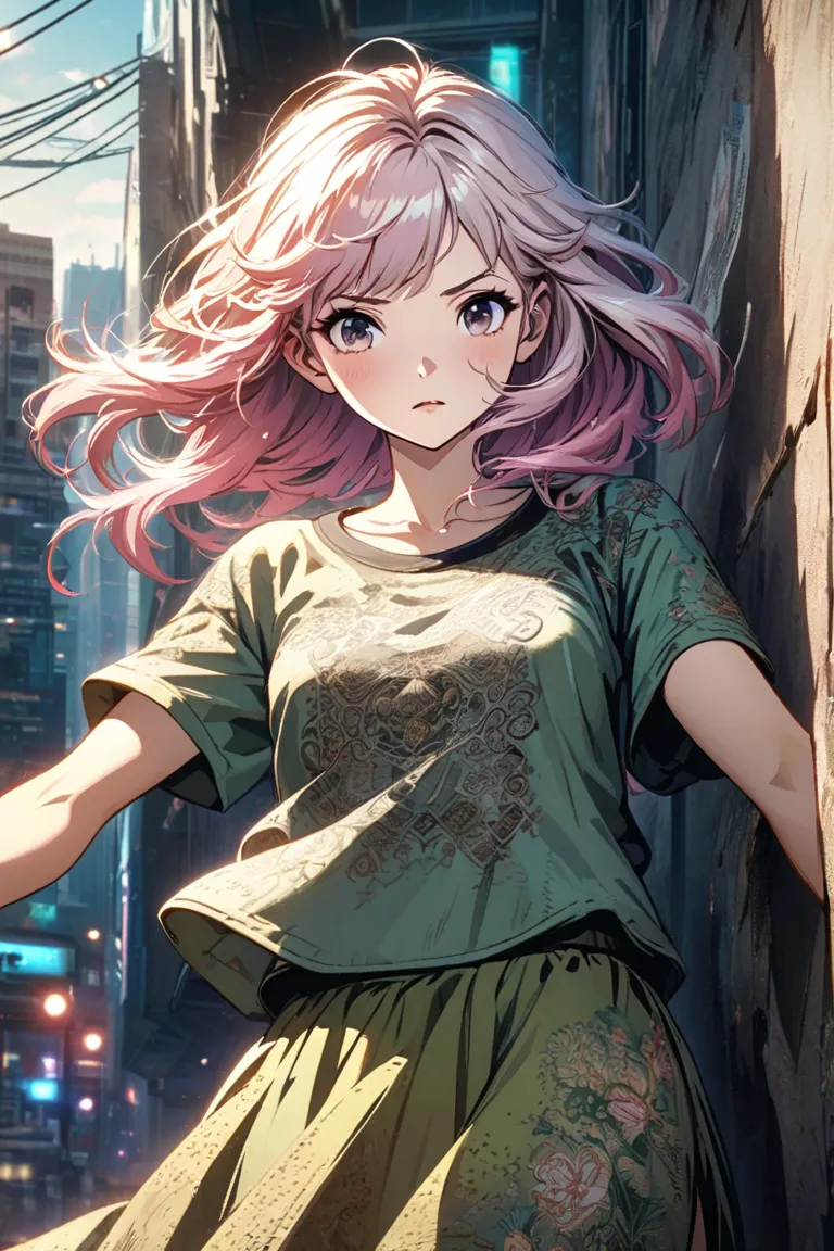 upper body close-up，cyberpunk city，the girl is standing in front of the wall，Newspapers were on the wall，pink hair， long white hair ，facial focus， dark eyes，witty and beautiful facial features，green printed t-shirt，apricot maxi skirt，long split skirt，Embro...