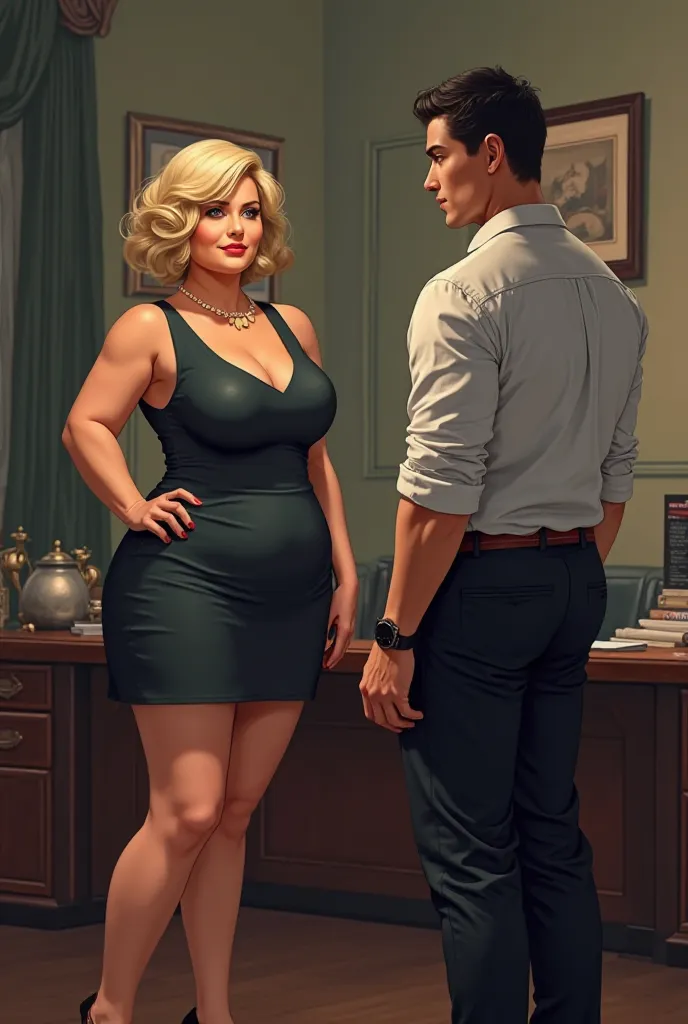 Short blonde mature woman with short hair, fat, wearing a short dress and big breasts, standing in front of a desk with a handsome young man