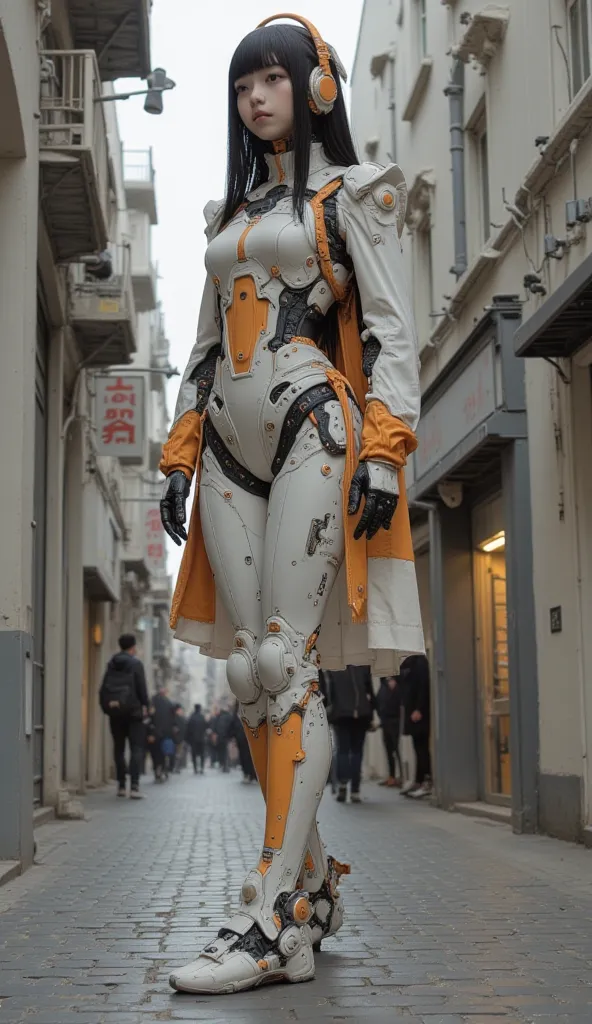 close-up of a robot wearing a white and orange suit、Head imitating a beautiful Japanese high school girl、straight long hair at a fancy hotel、full bangs, A close-up of a robot leg in a white and light blue suit that looks like a cutting-edge prosthetic leg,...