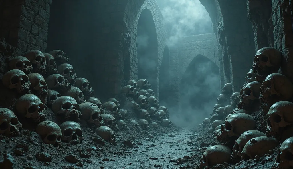 In the dead of night, towering piles of human skulls stretch upward on both sides, fused haphazardly to the cold, damp walls. The uneven stacks create a grotesque, jagged formation, with some skulls jutting out while others have crumbled, their fragments l...