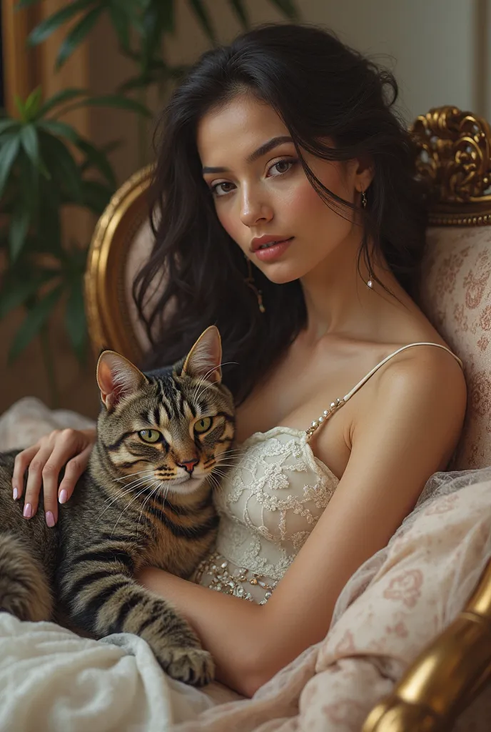 a cat with a beautiful lady