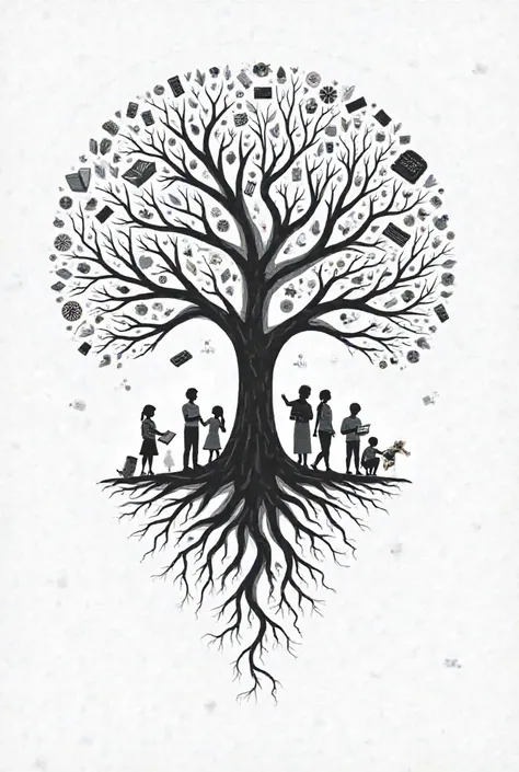 i want it black and white: 

_Title:_ "The Tree of Knowledge"

_Concept:_ A symbolic illustration depicting education as a tree that nurtures growth, wisdom, and progress.

_Visual Elements:_

- A majestic tree with roots that represent the foundation of k...