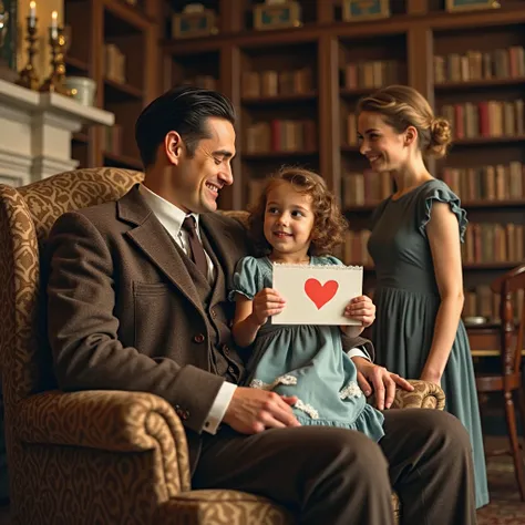 A heartwarming 1930s Father’s Day celebration in a grand vintage-style mansion. John, a tall man with neatly combed dark hair, sits in a luxurious Victorian-style armchair, wearing a brown three-piece suit with a pocket watch, smiling warmly. His five-year...