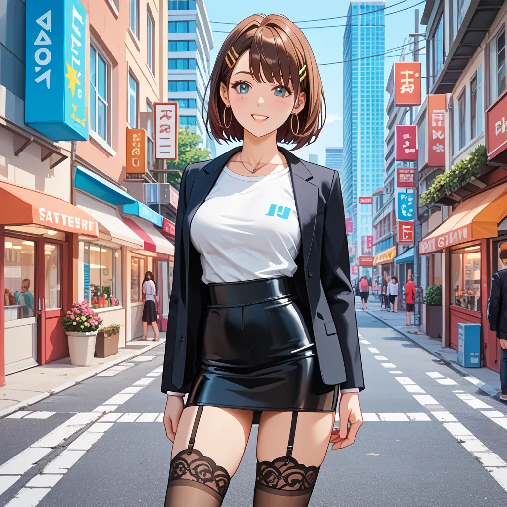 Prompt (English):((anime)), ((1girl in center)), (((high-quality, accurate human anatomy illustration))), masterpiece,
garter belt,A confident young woman in a stylish black suit with a tight skirt stands at the center of a vibrant urban scene.
She faces f...