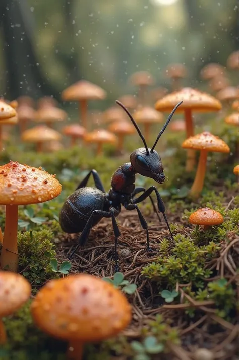 A giant ant is making a nest in an area filled with mushrooms. The mushrooms grow scattered in various sizes and colors.

Describe the scene from close up, emphasizing the shapes., interlacing and space.