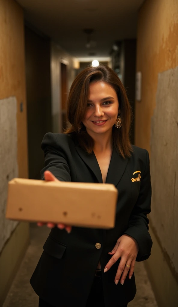 Nilsu Berfin Aktaş, dressed in a stylish courier outfit, smiles while extending a wrap package towards the camera. In the background, there's a dimly lit corridor of a shabby apartment building. The corridor features old, slightly faded walls, and the floo...