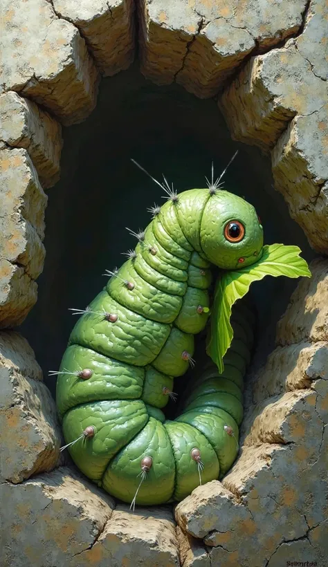 a caterpillar inside a broken rock is eating a green leaf at the tip of its mouth