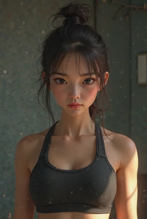 A brunette girl, Eyes slanted but not oriental and gym clothes