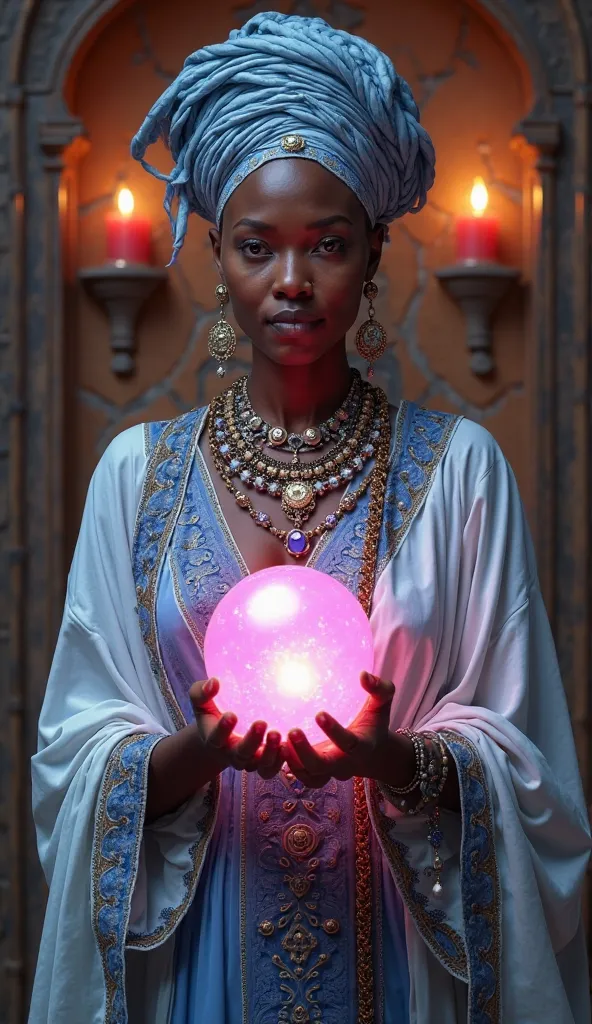 A African women 50 years old in hand pink crystal ball,a behind candal in the showcase ,wear a full dress and dress color white and blue, turban a head jewelry in the throat,