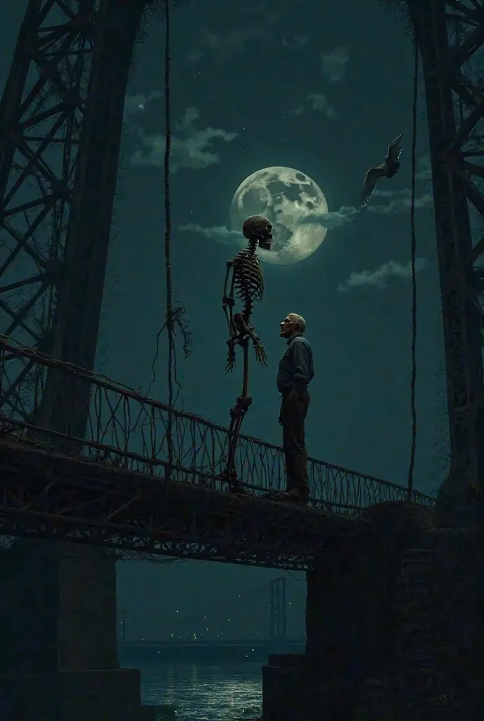 Make a skeleton talking with, An old man in the middle of the night on top of a bridge