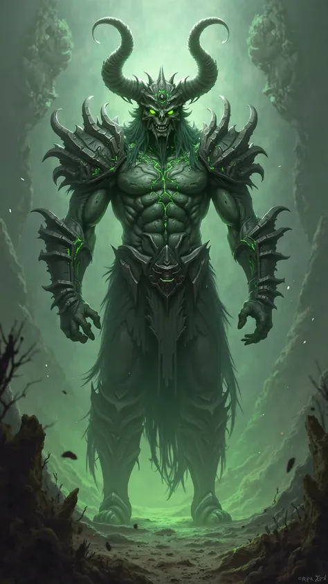 a demon, wearing helmet with large horns and skull on the forehead, his body is covered in green cracks, massive pauldrons on his shoulders, his eyes are glowing green, in style of fantasy art