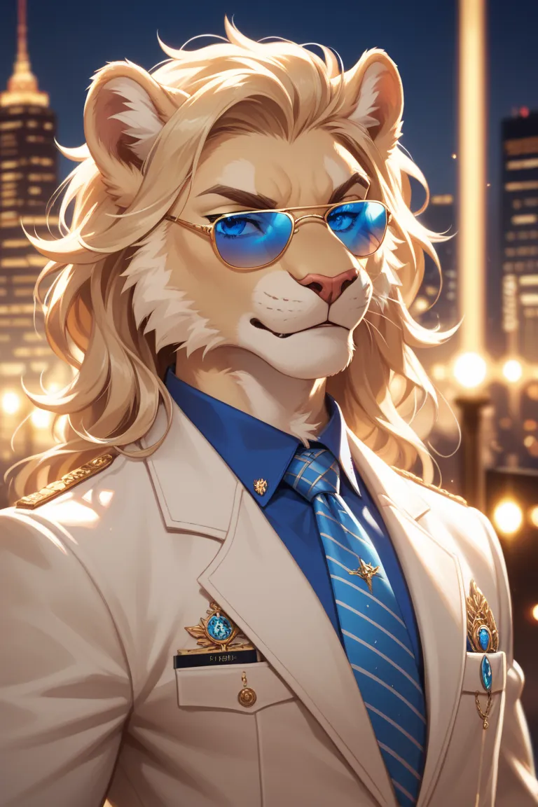 A majestic anthropomorphic lion dressed in a stylish beige suit with a blue shirt and tie, wearing aviator sunglasses with blue-tinted lenses. His expression is serious and confident, with well-groomed fur and a mane styled in a modern fashion. The backgro...