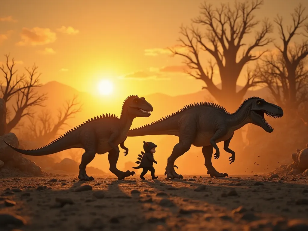 A breathtaking, cinematic scene of a group of dinosaurs and a tiny kitten walking together toward the setting sun, their silhouettes outlined against a golden-orange sky. The landscape is vast and desolate, with remnants of an ancient world—cracked earth, ...