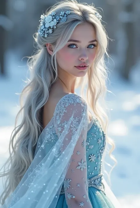 Sheisthemostbeautifulsnowprincessintheworld,withlong,silkyplatinumashgreylockshairthatflowsgracefullydownherback.Herblueeyessparklelikediamonds,reflectingthebrightwhitesnowthatcovershersurroundings.Shewearsaflowingsilvergreyandlightbluesilkyroundnecklinetu...