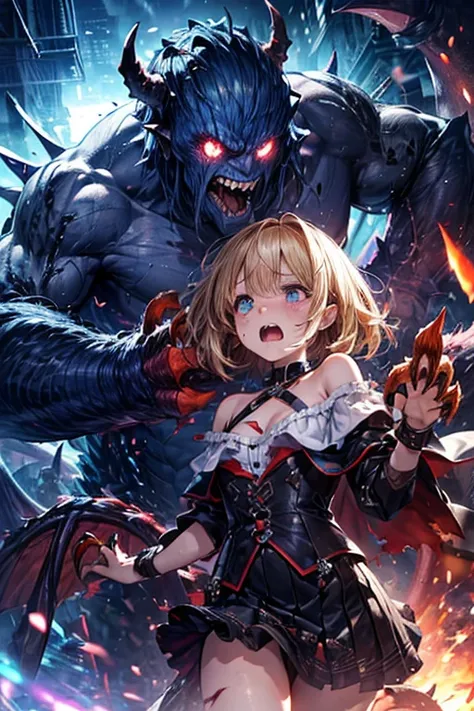 ( Monsters bodylock a girl,A monster is crushing a girl,A monster is stabbing a girl with its claws  :1.9) ,(   masterpiece,    top quality: 1.2)     absolute domain , Full Shot、( very detailed face ,   more info  )  , [   clothes lift ,so beautiful 、   be...