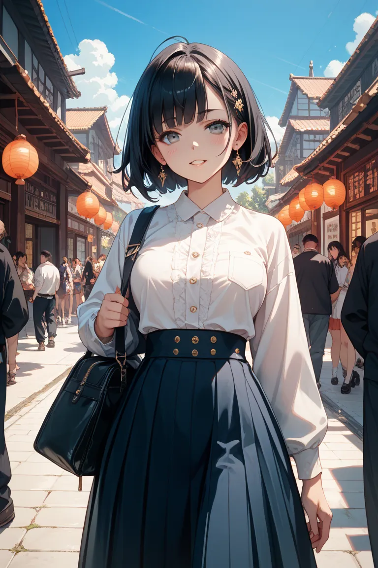 An oblique view of a Japanese woman with dark hair and no sunburn wearing a skirt who is embarrassingly urinating in front of everyone in front of everyone