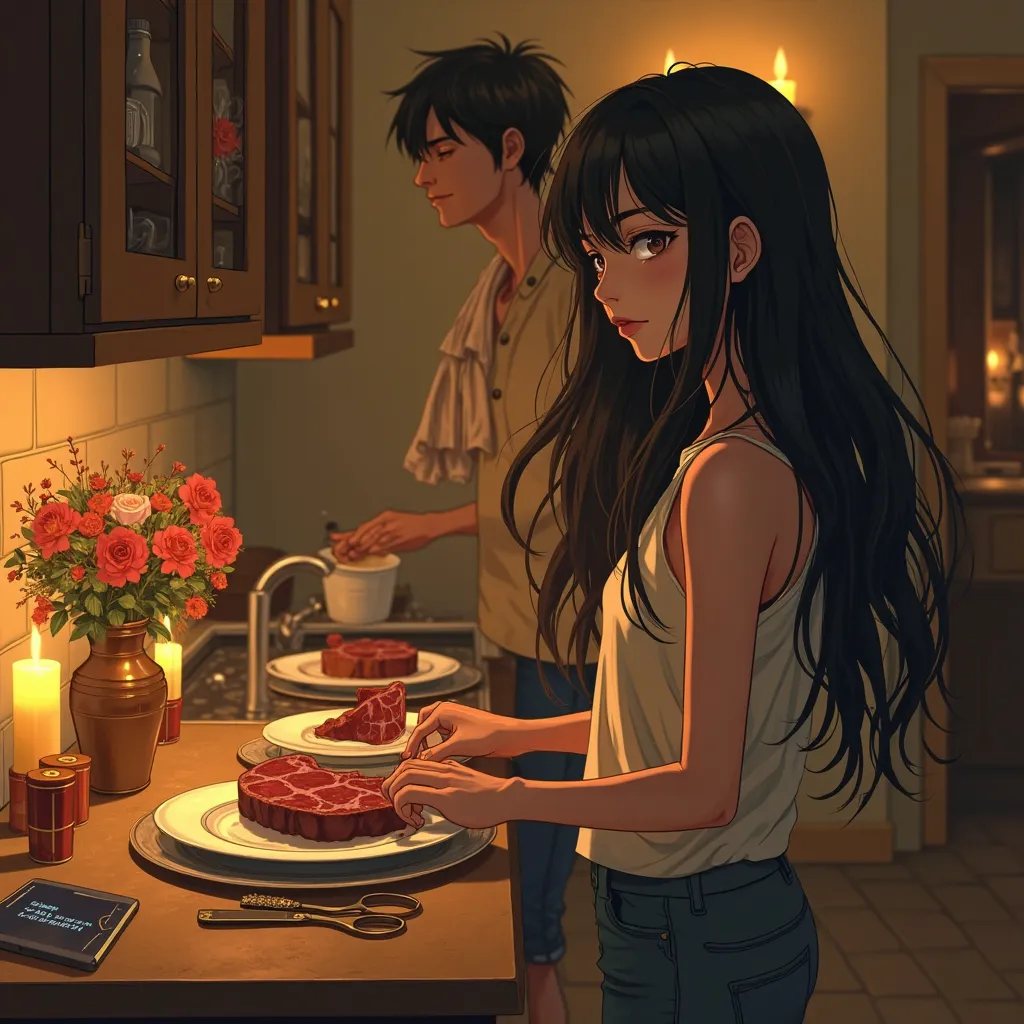 in anime style "A melancholic young woman with long, flowing dark hair and sad yet resolute eyes stands in a dimly lit kitchen with a golden-themed background. The warm, golden glow from ornate decorations and elegant vases filled with flowers contrasts wi...