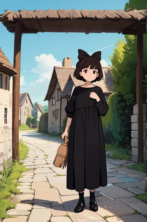 full body, looking at viewer, tired, Kiki, 1girl, medium hair, brown hair, black eyes, hair bow, black dress, brown footwear, in a village street with stone pavement, overgrowth sky horizon, she holds her broom in one hand, tired from the effort