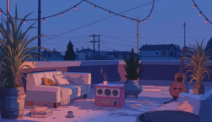 Rooftop at night、nighttime scene、outside of house、with no people、Calm and meditative atmosphere、houseplant、Lo-fi atmosphere、String Light、Cozy sofa、Pink radio with retro design、Hot coffee on the coffee table、Warm blanket、Scattered books、There is an acoustic...