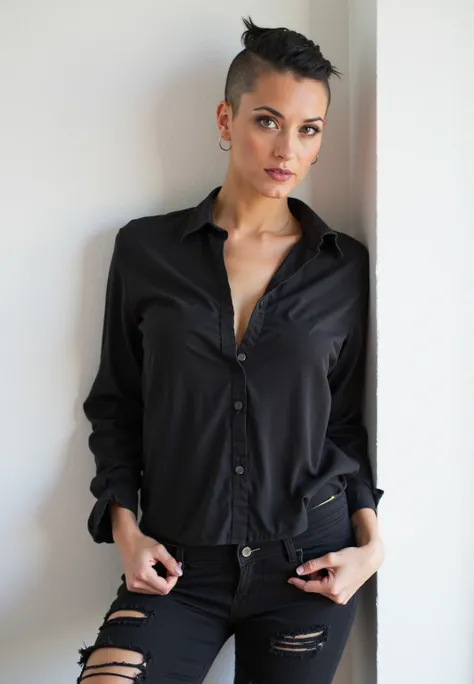 A woman with short black hair, shaved on the side of her hair, hazel eyes, wearing a black blouse half unbuttoned, ripped black jeans, hands in pockets, leaning with her shoulder against a white wall, looking at the viewer.