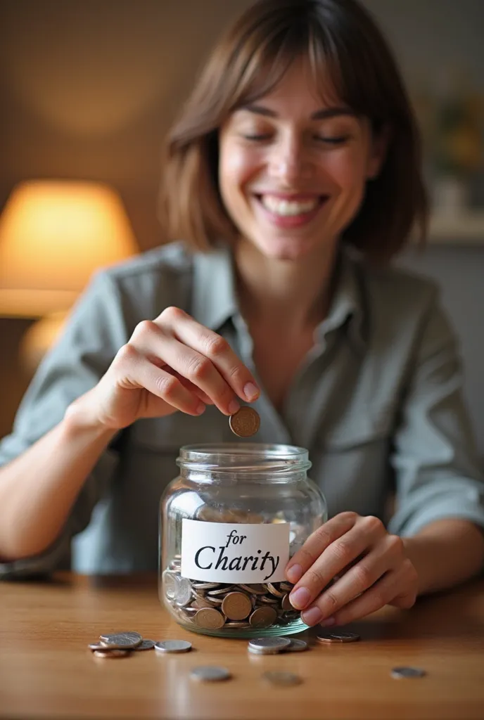 "A close-up of a  (with short brown hair) placing a few coins into a charity donation jar. The jar is clear, labeled 'For Charity,' and is sitting on a wooden table with a few more coins nearby. The  is smiling, and there’s a warm glow from a lamp in the b...