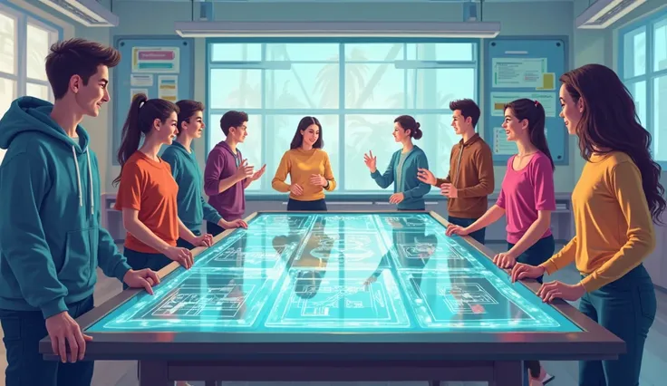  flat image on the topic: Victoria in class.  A large spacious class, in the center is an interactive panel, on one side, a team of ren, on the other hand, a team of teachers is playing games