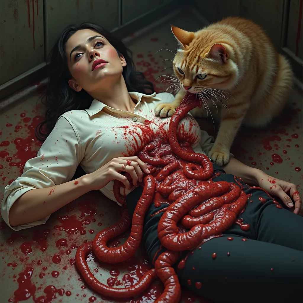 A business woman is alive and suffering, a cat eats her intestines, eyes opened , belt, blood on stomach , lots of guts ,cat eating her guts , above perspective elevated view 