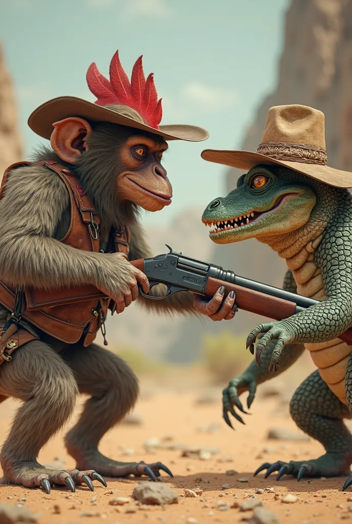 the chicken crossed with the monkey wearing a cowboy hat and having a shotgun is preparing to fight the crocodile hybrid with the lizard wearing a cowboy hat