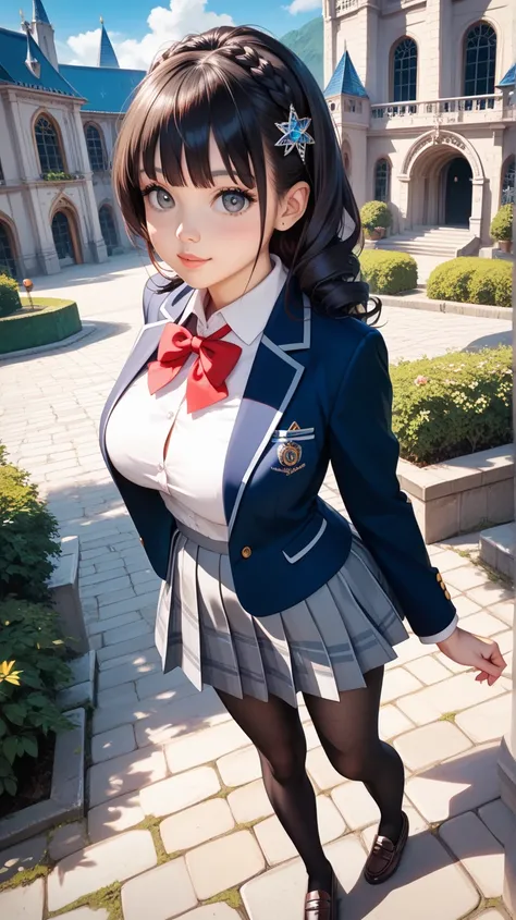 ultra-realistic, photorealistic, dramatic scene, shadow, global-illumination, solo, (age Japanese famous idol girl), very beautiful fragile Japanese girl, very beautiful with very cute but boyish cool face, (very large breasts), slim waist, (wearing a gray...