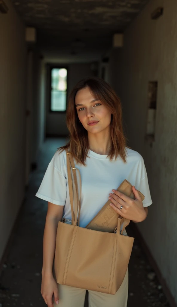 Nilsu Berfin Aktaş, dressed in a simple courier outfit, holds a bag carrying a wrap package. In the background, there's a dimly lit corridor of a shabby apartment with old, concrete walls. The lighting is weak and soft, with natural shadows creating depth,...