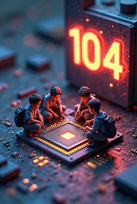 "An artistic illustration of a tiny world inside an Android phone's IC. Five to six miniature students, dressed in casual college uniforms with backpacks, are sitting and working together to fix a CPU chip using small tools like screwdrivers and soldering ...