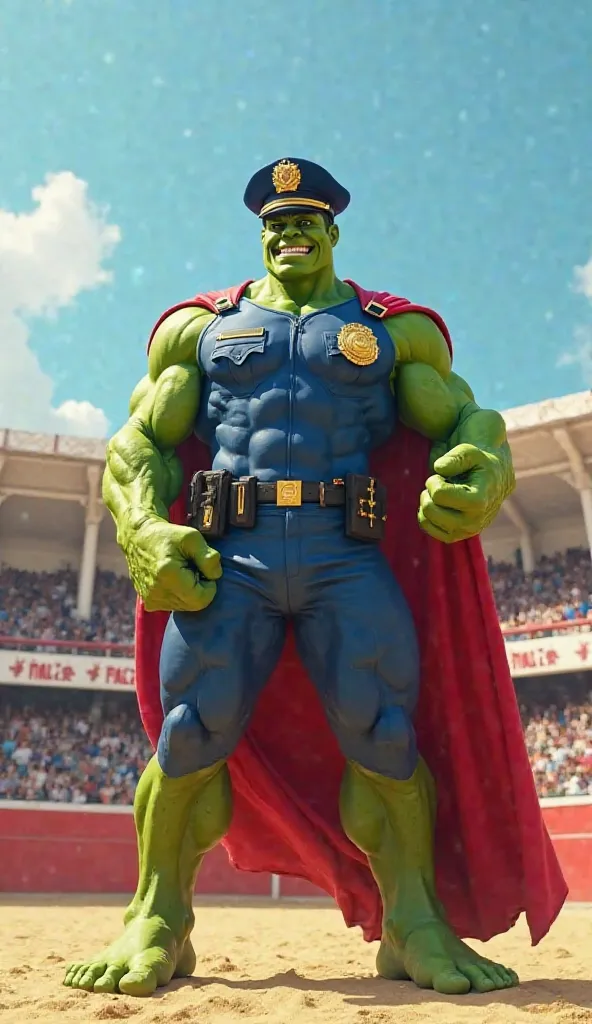 Create a humorous, authoritative scene featuring the Hulk from the Marvel Universe, transformed into a police officer, standing in a sandy bullfighting arena under a clear blue sky, with white arches and red barriers in the background and a crowd of specta...