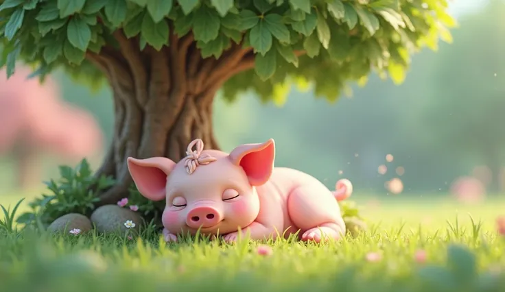 a little pink piggy sleeping under a tree clear image without blur .3d pixae cartoon image