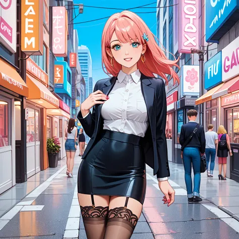 Prompt (English):((anime,sexy)), ((1girl in center)), (((high-quality, accurate human anatomy illustration))), masterpiece,
garter belt,A confident young woman in a stylish black suit with a tight skirt stands at the center of a vibrant urban scene.
She fa...