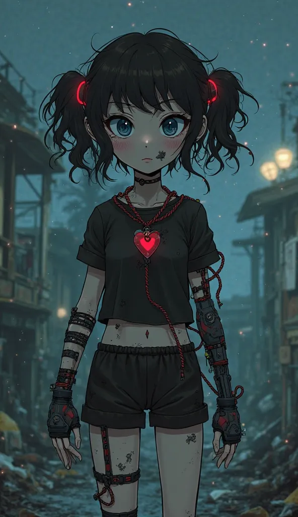 Semi-destroyed girl with curly black hair with pigtails wearing black clothes, On his right arm and leg he has robotic parts with red and black cables, on the chest an artificial heart and on the face robotic parts and hearing aids, Atmosphere in a cybergo...