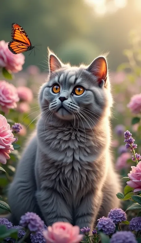 A regal British Shorthair cat with plush silver-gray fur sitting proudly in the middle of an elegant English garden. The cat's copper eyes gaze intently at a fluttering monarch butterfly nearby. The garden is lush with blooming roses, lavender, and hydrang...