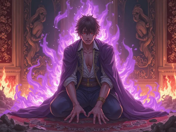 Brown-haired prince on his knees being possessed by purple energy in the burning throne room medieval anime realistic style 