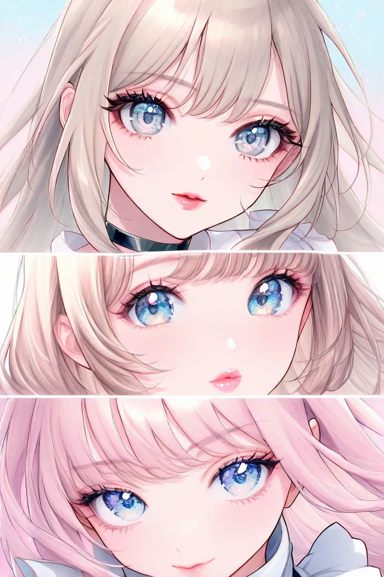 watercolor、 white、Glossy feel、 whiteフィルム、 illustrations、1 girl、 beautiful face、cute、 back view、pastel background、beige hair 、pink gradient hair 、light blue eyes、droopy eyes、Eyelashes、maid clothes、choker、pink cheeks、 small lips by Telebi、pink lips、 from afa...