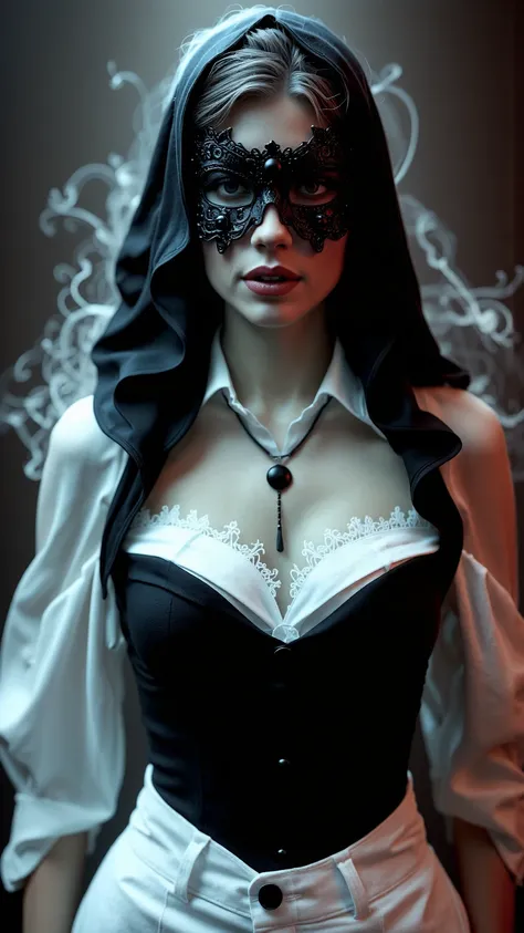 close up, sharp focus, stunningly beautiful woman, black hood, white shirt under black corset, high waist black trousers, black masquerade mask, realistic, photorealistic, photo-realistic:1.37, (best quality,4k,8k,highres,masterpiece:1.2),ultra-detailed,(r...