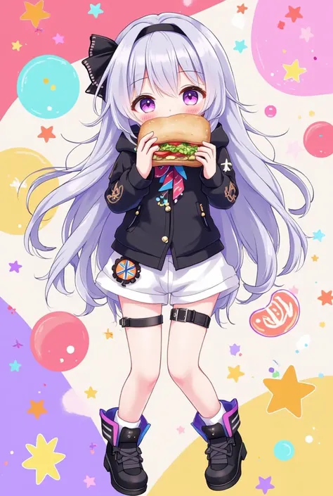 stylized girl 2d cartoon character with white hair, purple eyes and be dressed in a black jacket, white shorts, and black shoes. The character in a dynamic pose, eating sandwich with colorful designs. The background should be vibrant and playful, filled wi...