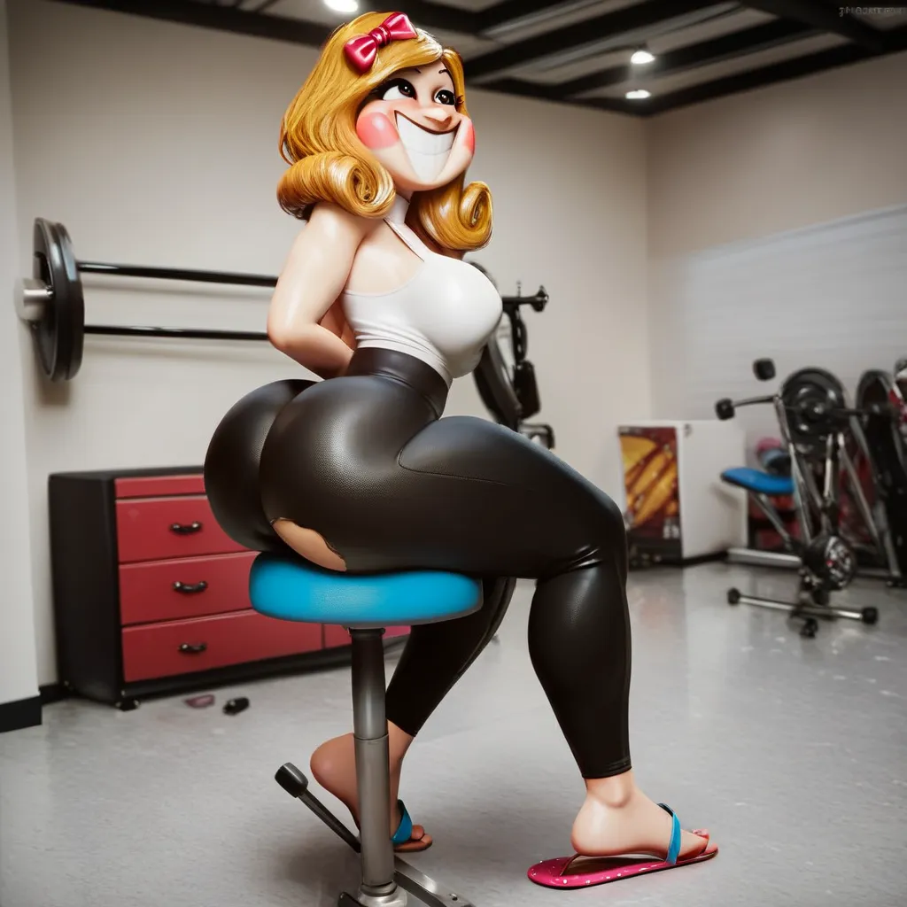 1girl, solo,    score_8,   half body,   miss delight, blonde hair, red hairbow, black eyes, grin, teeth, rosy cheeks, thicc thighs,(((white flip flops))),tiptoe, dangling,(((Sports tight-fitting black long pants))),(((white mini fitted tank top) tight gym)...