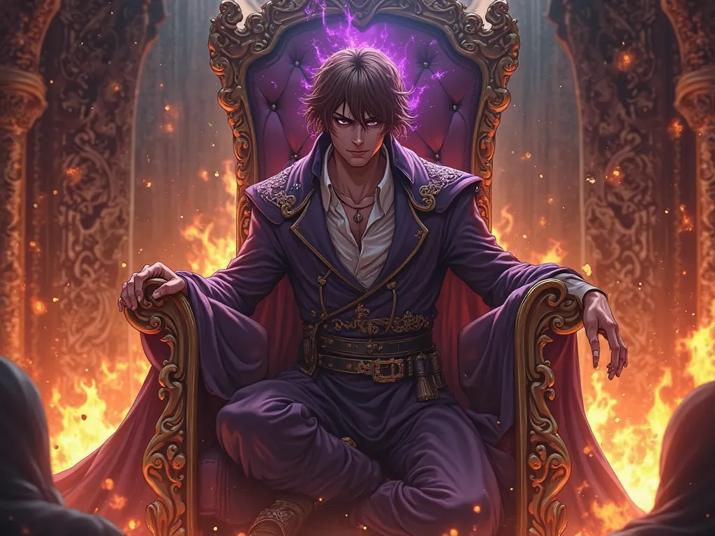 Face Brown-haired prince on his knees being possessed purple veins in the burning throne room medieval anime realistic style 