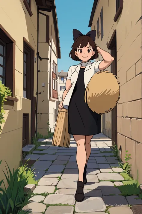 full body, looking at viewer, smiling, Kiki, 1girl, medium hair, brown hair, black eyes, hair bow, black dress, brown footwear, muscular, strong, flexing her biceps, in a village street with stone pavement, overgrowth sky horizon, she holds her broom in on...