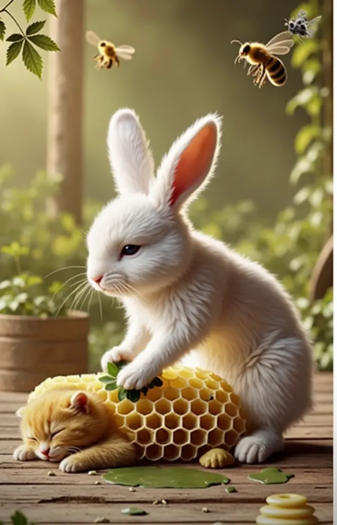 "A magical digital artwork of a fluffy white rabbit gently massaging a small orange cat wrapped in a honeycomb, creating a whimsical and heartwarming scene. Bees hover nearby, adding a touch of charm and humor. The setting is a serene, sunlit forest cleari...