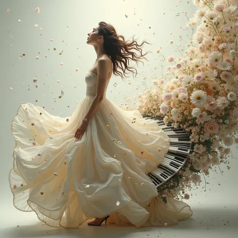 Surreal Digital Art, Musical Elegance A graceful woman in a flowing ivory gown seamlessly transforms into a grand piano, her dress fanning out into curved black-and-white keys. As the music intensifies, the keys dissolve into a burst of notes and abstract ...