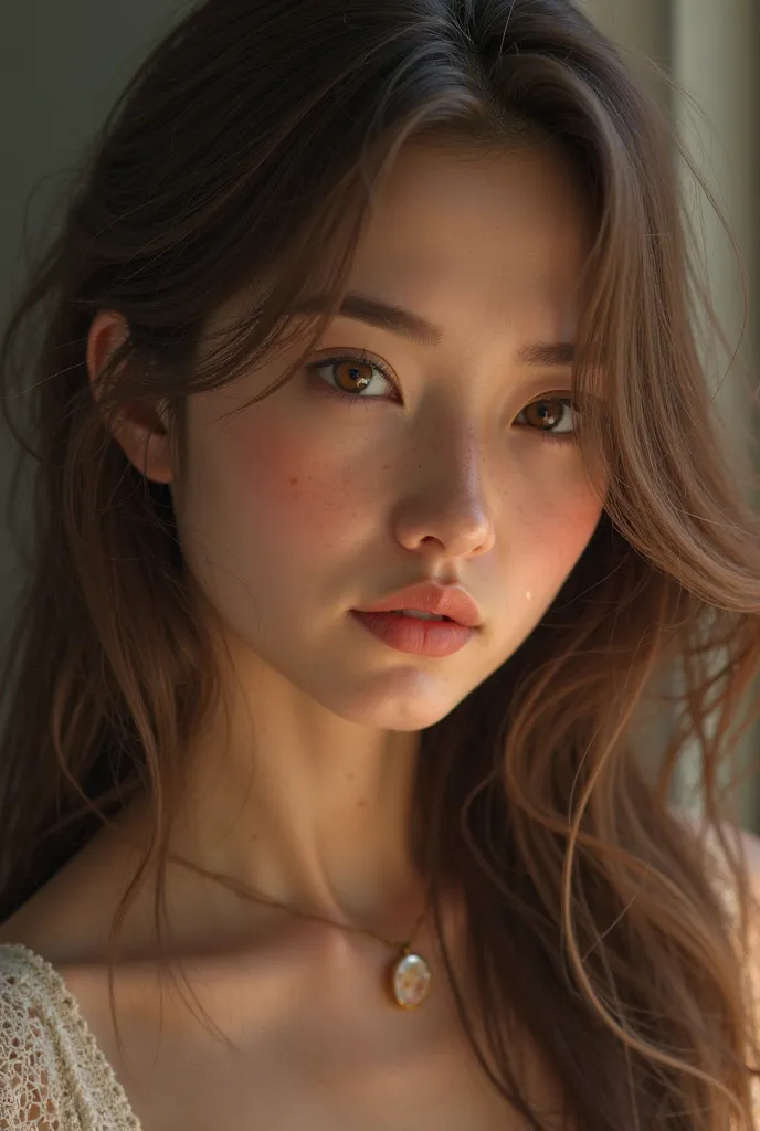 Young woman long brown hair round Spanish brown eyes 