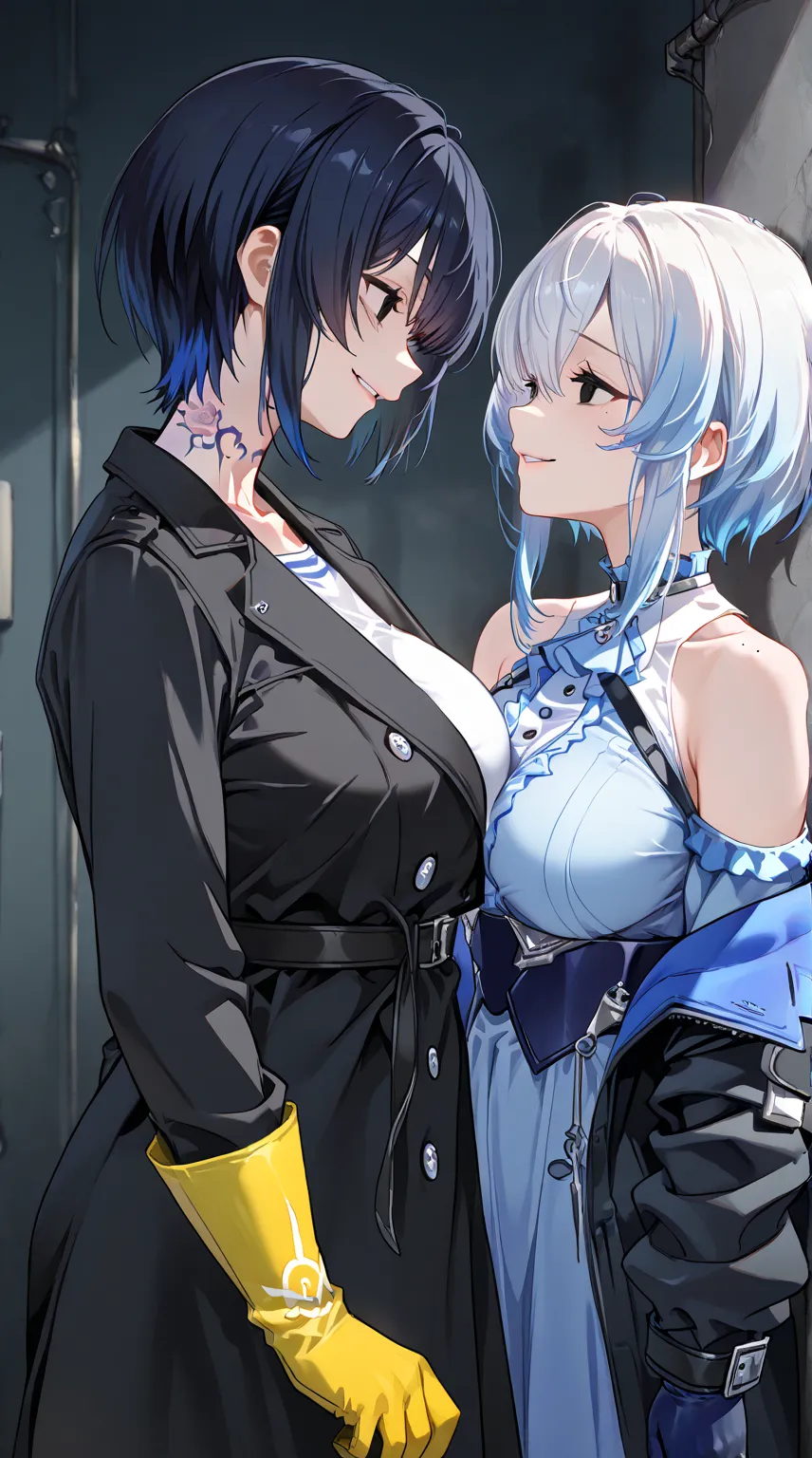 2 girls looking at each other, A girl with dark blue hair,  short hair, multicolored hair, blue blouse with buttons, black coat, Bare shoulders,  evil smile, Yandere, symbol tattoo on his neck,  medium breasts, Blue glove1 Girl with long white hair, Symbol...